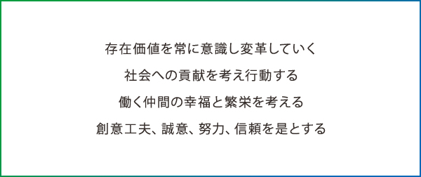 存在価値を常に意識し変革していく 社会への貢献を考え行動する 働く仲間の幸福と繁栄を考える 創意工夫、誠意、努力、信頼を是とする